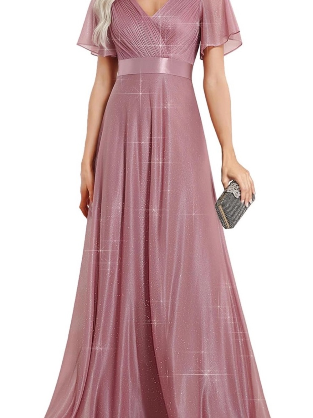 Ever Pretty Sparkle Maxi Dress in Dusty Rose - V-Neck Flutter Sleeve Gown